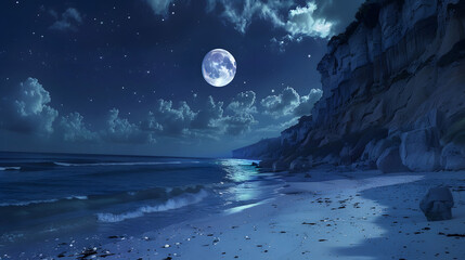 Wall Mural - a beach with cliffs on the right side. night sky with moon and clouds. wide shot