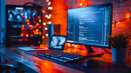 A computer desk with a monitor and keyboard. The monitor is displaying code and the keyboard is black