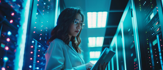 Wall Mural - woman in a server room, engrossed in work on a tablet, surrounded by glowing servers, exhibiting foc