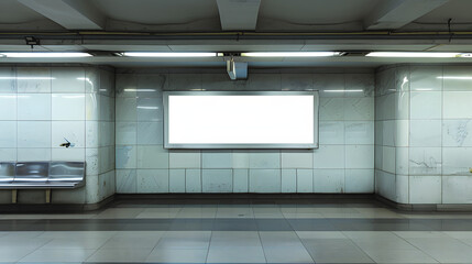Wall Mural - A blank white poster on the wall of an empty subway station 