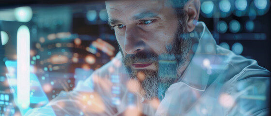 Wall Mural - a thoughtful man with a beard intensely analyzes data through holographic digital screens, immersed 