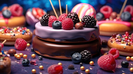 Poster - Chocolate dessert with raspberry and blueberry, cheesecake with fresh berries, nuts and caramel