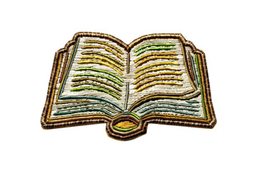 embroidered patch of an open book with colorful lines on its pages, perfect for decorating clothing,