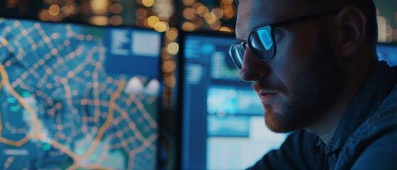 Wall Mural - a serious man wearing glasses works intently on his computer in a dark room illuminated by the glow 