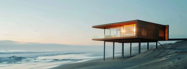 Wall Mural - A minimalist beach house on stilts, perched above the sandy shore and offering uninterrupted views generated by AI