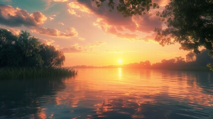 Wall Mural - A serene sunset over a calm, reflective lake.