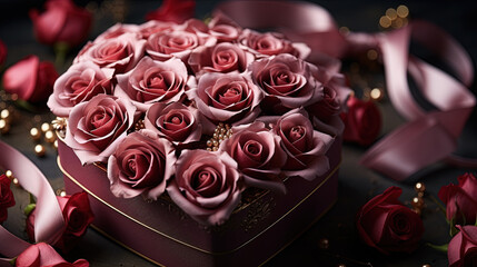 valentine's day gift with roses and heart-shaped box