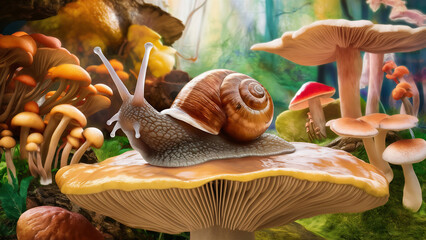 Snail Closeup on Natural Background, magic mushrooms, illustration, 3d render, photo, vibrant, conceptual art, cinematic