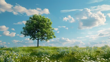 Wall Mural - A tranquil meadow with a lone tree and a clear blue sky.