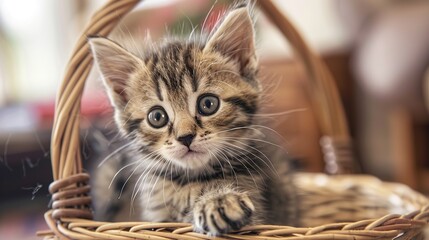 Cute baby kitten posing in basket . Generative Ai