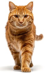 Wall Mural - A long haired orange cat walks on a white background