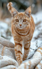 Poster - A cat with a white stripe on its face is walking on a blanket