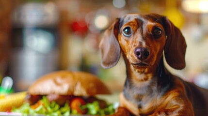 Poster - HotDog in close up with blurred kitchen interior background in bokeh style