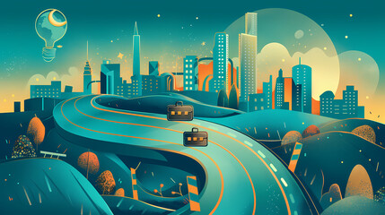 Wall Mural - A conceptual image illustrating a professionals journey through the corporate landscape, featuring a briefcase, a winding road leading to a city skyline, and symbolic obstacles and milestones.