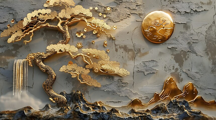 Wall Mural - volumetric stucco molding on a concrete wall with golden elements, japanese landscape, waterfall, mo