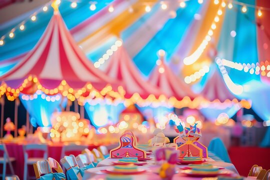 Colorful circus tent decorations with fairy lights and tables set for a festive event.
