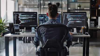 back view software developer in a modern office with multiple monitors, tech gadgets like a tablet and smartphone nearby, and an ergonomic chair, surrounded by a sleek and organized workspace.