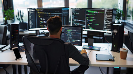 back view software developer in a modern office, sitting at a desk with multiple monitors displaying