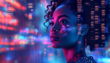 futuristic tech black woman with Line of Code Projected on Her Face and Reflecting. Software Developer Working on Innovative e-Commerce App using AI, Big Data	
