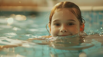 Sticker - A small cheerful girl is swimming in the pool