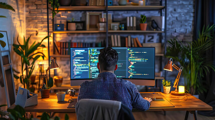 back view a focused software developer working in a home office, with a large computer setup, coding on screens, ergonomic chair, and a cozy, tech-savvy environment.