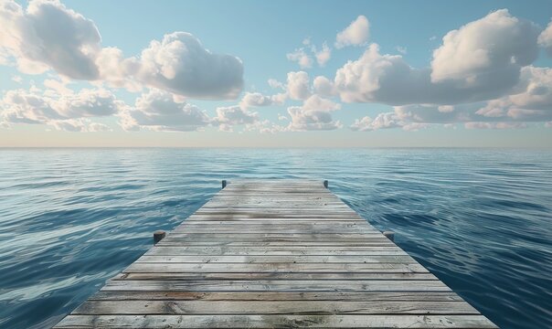 Wooden Dock Extending Out To The Calm Ocean Under A Clear Blue Sky