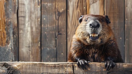 Happy smiling beaver isolated on a wood brown background with copy space Smile portrait