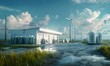 © Lucky Vision - a futuristic hydrogen refueling station powered by nearby wind turbines. Show hydrogen fueling pumps and tanks alongside the pipeline, with the turbines visible in the background