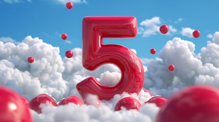 3D red number five on a background of red balls and clouds.