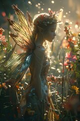 Wall Mural - Ethereal Garden Fairy Tenderly Tending to Vibrant Flowers in Dreamy Photographic Style