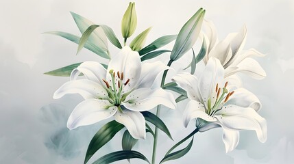 Wall Mural - Exquisite White Lily Flowers with Delicate Watercolor Petals and Lush Green Foliage in Serene Floral Composition