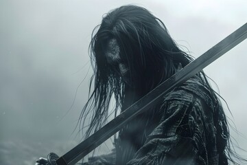 Poster - Fearsome Japanese Yurei Ghost Wielding Cursed Katana in Eerie Haze