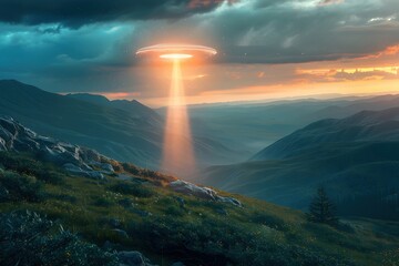 Canvas Print - Futuristic Extraterrestrial Spacecraft Beams Down Dramatic Light on Remote Mountainous Terrain at Dusk