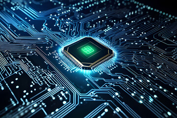 electronic circuit board with processor, Computer chips, innovative digital technology, blue background ai generated.