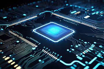 electronic circuit board with processor, Computer chips, innovative digital technology, blue background ai generated.