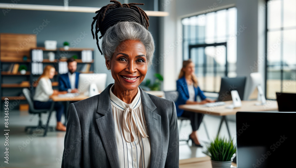 Smiling African American woman in a suit in a modern office setting ...