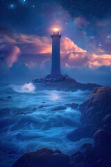 Wall Mural - Majestic Lighthouse Standing Tall Against the Starry Night Sky,Beacon Shining Brightly Across the Rugged Coastline