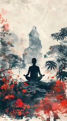 Wall Mural - Meditative Silhouette in Tranquil Floral Forest Landscape,Digital