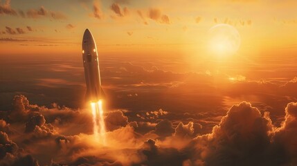 Canvas Print - Sleek Spacecraft Soaring Towards Vast Cosmic Horizons Amid Dramatic Golden Sunset