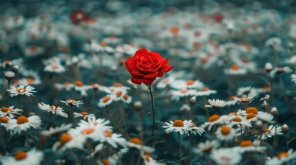 In a field of identical daisies, a single fiery red rose blooms, symbolizing the power of individuality and the courage to express oneself authentically in a society that values conformity 