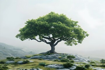 Wall Mural - Solitary Tree Weathering the Soothing Wind,Resilient Foliage Undulating in Tranquil Isolation