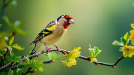 Wall Mural - A goldfinch sitting on a branch with a blurred green backdrop