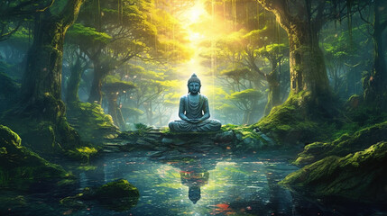 an ancient forest with a buddha statue meditating peacefully Shakyamuni buddha emanating the light of peace