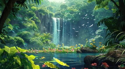 Waterfall Tropical Rainforest Exotic Avifauna.