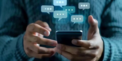 A man holding his phone with text message icons floating around