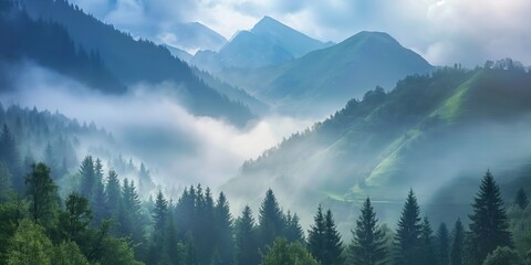 Sticker - A foggy mountain scenery with misty peaks, dense woods, and breathtaking views of nature.