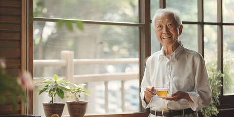 Wall Mural - A Chinese grandfather enjoys tea by a panoramic window, radiating wisdom and happiness.
