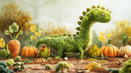 dinosaur discovers a field of vegetables humorous digital illustration