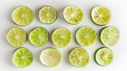 Wall Mural - fresh lime slices arranged on white background vibrant green citrus fruit food photography