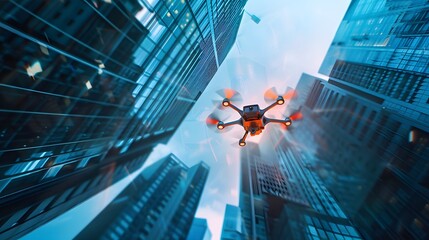 Wall Mural - Bottom view of a quadcopter drone flying between majestic skyscrapers. Transport, tracking concept.
